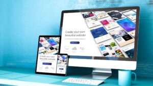A graphic showing laptop, tablet and phone screens with a website design that is responsive on all three devices. Used for the blog 10 Website Design Tips to Boost Conversion Rates