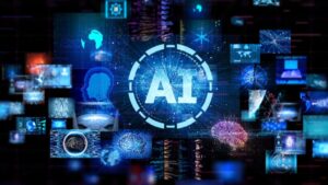 This image is for a blog, AI in Modern Sales. It shows a technology background.