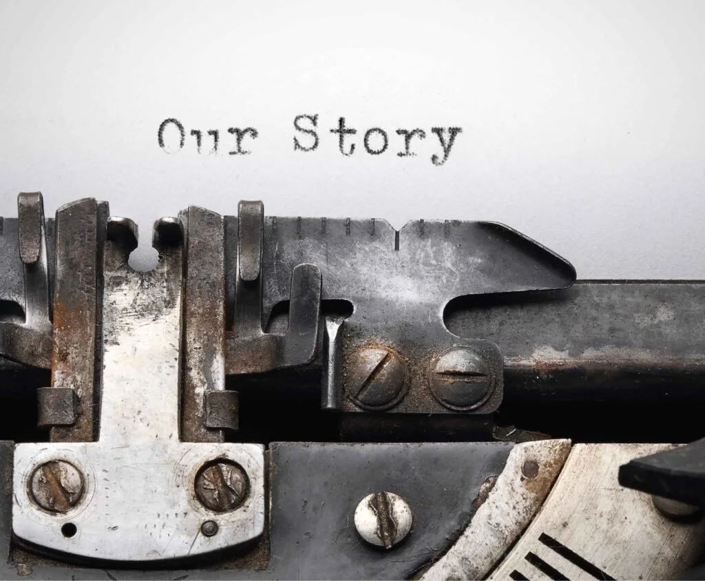 A typewriter typing About Us. This image is used on the About Us Page